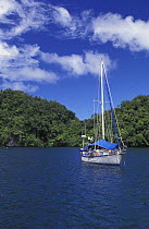 Sailing boat anchored near Koror, Palau, Micronesia.