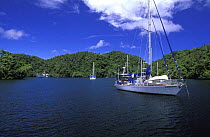 Yachts anchored just outside of the capital Koror, Palau, Micronesia.