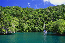 Yacht anchored near the capital Koror, Palau, Micronesia.