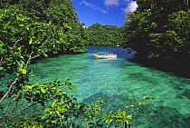 Boat in sheltered bay, Rock Islands, Palau, Micronesia.