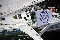 50ft trimaran "CLM" skippered by Herve Cleris, during the Europe 1 Star in 1992. ^^^ She finished 9th, ahead of her slightly longer sistership Dupon Duran, 16d 12h 17m.