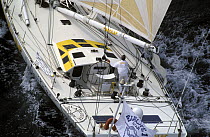 Europe 1 Star (OSTAR) 1992. "CACOLAC d"Aquitaine" skippered by Yves Parlier during the Europe 1 Star, 1992. ^^^ She finished 6th overall and winner in the monohull class, finishing in 14d 16h Parlier...