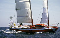 Peter Crowther on his monohull "Galway Blazer" during the Europe 1 Star in 1996. He eventually retired from the race.