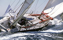 "Elan-SIFO" skippered by British sailor Alan Wynne Thomas during the Europe 1 Star, 1992. ^^^ The boat finished 10th in Class I, crossing in 18d 19h and 45m.