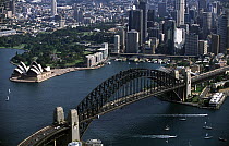 Aerial view of the Sydney harbour bridge, the Sydney opera house, the city and the harbours, Australia.
