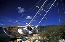 Yachts wrecked by a hurricane in St Maarten, Caribbean.