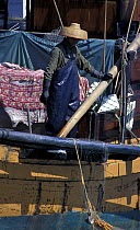 Man on boat looking down onto fishing net.