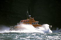 Valentia, Ireland all weather lifeboat moves through heavy seas. Largest of the fleet and designed to lie afloat. ^^^ She carries a Y class inflatable which can be launched and recovered by a lightwei...