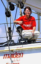 Tracy Edwards on-board "Maiden II" in Southampton.