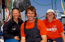 Co-skippers, Helena Darvelid and Brian Thompson and navigator, Adrienne Cahalan on Tracy Edward's maxi Catamaran "Maiden II" in Southampton after breaking the 24 hour record whilst crossing the Atlant...