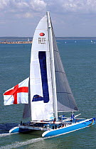 Tracy Edward's maxi Catamaran "Maiden II" sails into the Solent after breaking the 24 hour record whilst crossing the Atlantic from Newport, Rhode Island to Southampton. ^^^They covered 697 miles in 2...