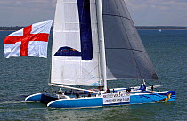 Tracy Edwards maxi Catamaran "Maiden II" sails into the Solent after breaking the 24 hour record whilst crossing the Atlantic from Newport, Rhode Island to Southampton. ^^^They covered 697 miles in 24...