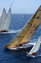 "Windrose" and "Velsheda" sail upwind at Antigua Classic Yacht Regatta, 2003.