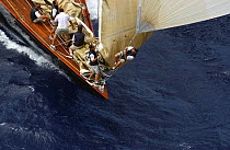 Crew at work with the jib on board J-Class "Velsheda" as she beats upwind at Antigua Classics, 2003.
