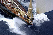 Foredeck crew aboard J-Class yacht "Velsheda" lower the jib after the windward mark rounding, Antigua Classic Yacht Regatta, April 2003.