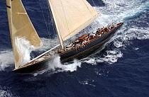 Bow wave catches inside the jib on J-Class "Velsheda" as she beats upwind at Antigua Classics 2003.