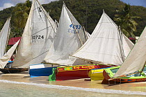 Work boats pulled up on beach during the Grenada Sailing Festival held on the Grande Anse beach near St.Georges, Grenada, Caribbean 2003.