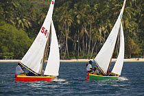 Grenada Sailing Festival 2003 entrants in the workboat class racing off Grand Anse beach in Grenada, Caribbean.
