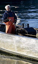 A fishermen pulling up traps on a winch, Newport, Rhode Island, USA.