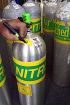 This nitrox tank is being marked with the oxygen percentage for advanced divers use, Hawaii.