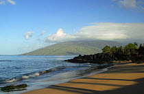 Early morning view with shadows of palm trees on deserted beach in Kihei on the island of Maui, Hawaii. The West Maui Mountains can be seen in the background.