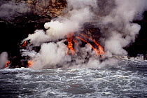Lava flow reaching the ocean in a spectacle of molten rock and steam, Fernandina Island, Galapagos Islands, 1995.