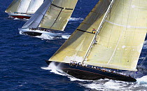 Close racing between the schooner "Windrose", and the two J-Class yachts "Ranger" and "Velsheda" (from left) at Antigua Classic Yacht Regatta, Caribbean, 2004.