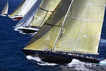 Close racing between the schooner "Windrose", and the two J-Class yachts "Ranger" and "Velsheda" (from left) at Antigua Classic Yacht Regatta, Caribbean, 2004. Ranger and Velsheda are Property Release...