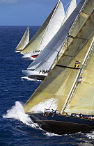 Close racing between the schooner "Windrose", and the two J-Class yachts "Ranger" and "Velsheda" (from left) at Antigua Classic Yacht Regatta, Caribbean, 2004.