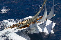 Aerial view of the new replica J-Class "Ranger" racing in breezy conditions at Antigua Classic Yacht Regatta, Caribbean, 2004.