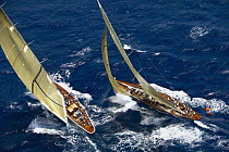 The new replica J-Class "Ranger" racing round the mark against "Velsheda" in breezy conditions at Antigua Classic Yacht Regatta, Caribbean, 2004.