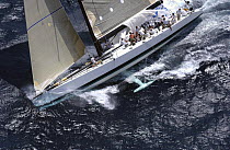 Crew gather in the massive spinnaker after rounding the leeward mark aboard "Morning Glory" during Antigua Race Week, 2004.
