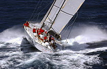 Robert Miller's record-breaking, 140 foot carbon super-maxi, "Mari Cha IV", thrashes upwind in breezy conditions at Antigua Race Week, 2004.