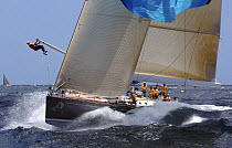 Bowman at he end of the spinnaker pole aboard the Reichel/Pugh 78 "All Smoke", Antigua Race Week, 2004.