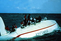 Simon le Bon's maxi yacht "Drum" capsized after the keel fell off during the Fastnet Race, prior to them starting the Whitbread Round the World Race, 1985-1986.