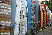 Surf board storage racks, Waikiki Beach, Honolulu, Hawaii.
