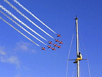 Red Arrows display during the Dartmouth Regatta, with a man up a mast. Devon, England, UK.