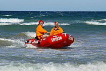 Surf rescue boat and lifeguards, Manly Beach, Sydney, Australia.