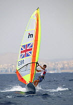 Great Britain's Nick Dempsey competing in the fourth round of the Men's Windsurf Mistral, Olympic Games, Athens, Greece, 15 August 2004.  Editorial Use Only.