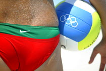 Close up of a player and volleyball during the Germany versus Bulgaria match at the Olympic Games, Athens, Greece, 16 August 2004.  Editorial Use Only.