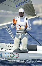 Ben Ainslie completes the 10th round of the Single Handed Finn during the 2004 Olympics in Athens, Greece.