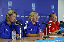Women's Yngling crew, Shirley Robertson, Sarah Webb and Sarah Ayton, at a press conference after winning Great Britain's first Gold Medal at the Olympic Games, Athens, 19 August 2004.  Editorial Use O...