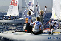 Women's Yngling crew Shirley Robertson, Sarah Webb and Sarah Ayton celebrate after winning Great Britain's first Gold Medal at the Olympic Games, Athens, 19 August 2004.  Editorial Use Only.