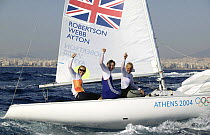Women's Yngling crew Shirley Robertson, Sarah Webb and Sarah Ayton celebrate after winning Great Britain's first Gold Medal at the Olympic Games, Athens, 19 August 2004.  Editorial Use Only.
