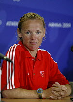 Shirley Robertson part of the Women's Yngling crew at a press conference after winning Great Britain's first Gold Medal at the Olympic Games, Athens, Greece, 19 August 2004.  Editorial Use Only.