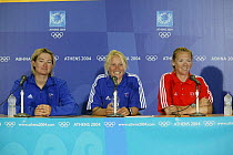 Women's Yngling crew Shirley Robertson, Sarah Webb and Sarah Ayton at a press conference after winning Great Britain's first Gold Medal at the Olympic Games, Athens, Greece 19 August 2004.  Editorial...