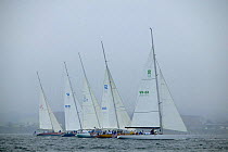 Heavily reefed 12 Metre yachts line up for a race start on a grey day.