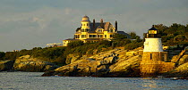 Established in 1890, the Castle Hill Lighthouse and Castle Hill Inn mark the East Passage into Narragansett Bay, near Newport, Rhode Island, USA.