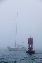 Navigating in the fog next to the red #12 bell buoy off Newport, Rhode Island, USA.