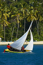 An entrant in the workboat class of Grenada Sailing Festival 2003, during a race off Grand Anse beach in Grenada, Caribbean.